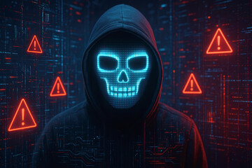 Abstract 3D visualization of a hooded hacker wearing a digital glowing mask, surrounded by holographic data streams and red warning alerts. Represents hacking and cyber threats.