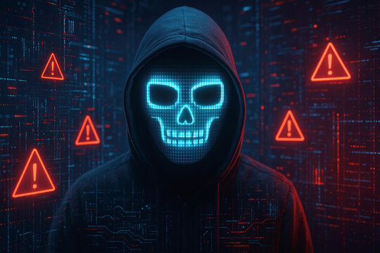 Abstract 3D visualization of a hooded hacker wearing a digital glowing mask, surrounded by holographic data streams and red warning alerts. Represents hacking and cyber threats.