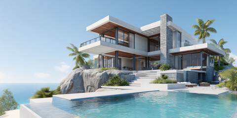 Fototapeta premium A stunning modern house with a pool, located on the sea with beautiful views