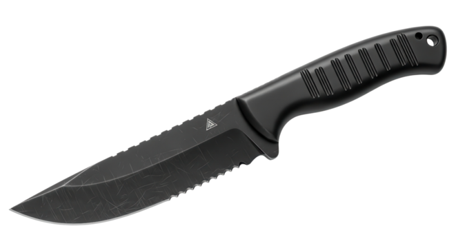 Black tactical fixed blade survival knife isolated on white background