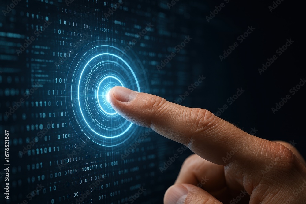Poster digital interface interaction: a close-up shot captures a hand interacting with a luminous digital i