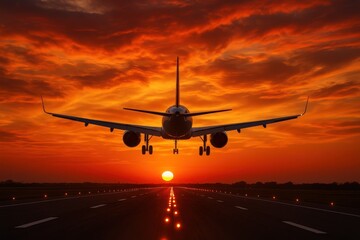 Fototapeta premium Sunset Landing: A commercial airplane touches down gracefully on the runway as the setting sun paints the sky with vibrant colors, symbolizing journeys, travel, and the spirit of adventure.