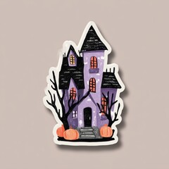 A sticker of purple haunted house surrounded by trees and pumpkins, in a cartoon style