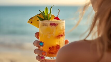 Close up of a refreshing tropical cocktail garnished with pineapple and cherry held by a woman on a sunny beach with blurred ocean background