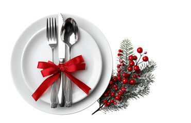 Christmas Table Setting with Red Ribbon and Silverware, Transparent Background