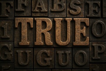 True Word Typography: A striking composition featuring the word TRUE elegantly embossed in bold, vintage typography, set against a textured, aged background that speaks volumes.