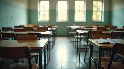 Unoccupied classroom scene with scattered desks and chairs, some books and pencils left behind, soft natural light from windows, atmosphere calm, still, and reflective, capturing silence after student