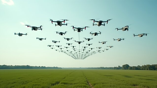 Swarm of drones flying across clear daylight sky over vast green landscape, sleek quadcopters in precise formation, powerful futuristic military-like atmosphere, wide open field below, no humans 