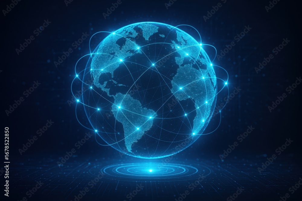 Poster global network illuminated: an artistic rendering of a digital globe, encompassed by interconnected 