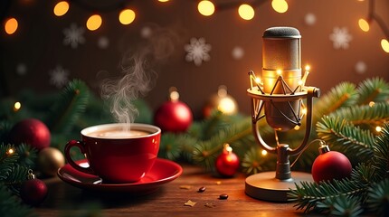 Christmas podcast artwork showing glowing microphone on wood table with fairy lights, cocoa cup, ornaments, pine decor, red-green colors, snowflake backdrop, soft warm cheerful festive ambiance