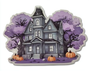 A sticker of purple haunted house surrounded by trees and pumpkins, in a cartoon style