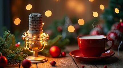 Cozy Christmas podcast cover with glowing microphone wrapped in fairy lights, wooden table with pine branches, ornaments, steaming cocoa, festive red-green palette, snowflakes, soft bokeh