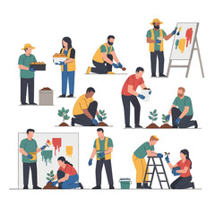 Diverse Group of Workers Painting and Gardening in Flat Vector Style with Bright Colors and Gardening Tools on White Background