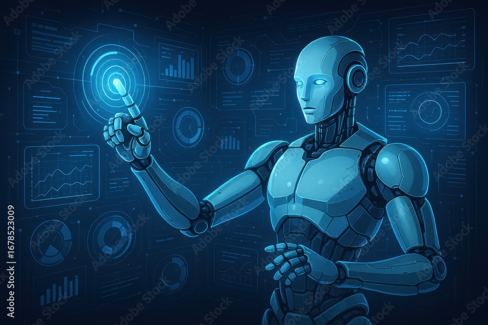 Poster cybernetic interface: a futuristic robot, gleaming with advanced technology, interacts seamlessly wi