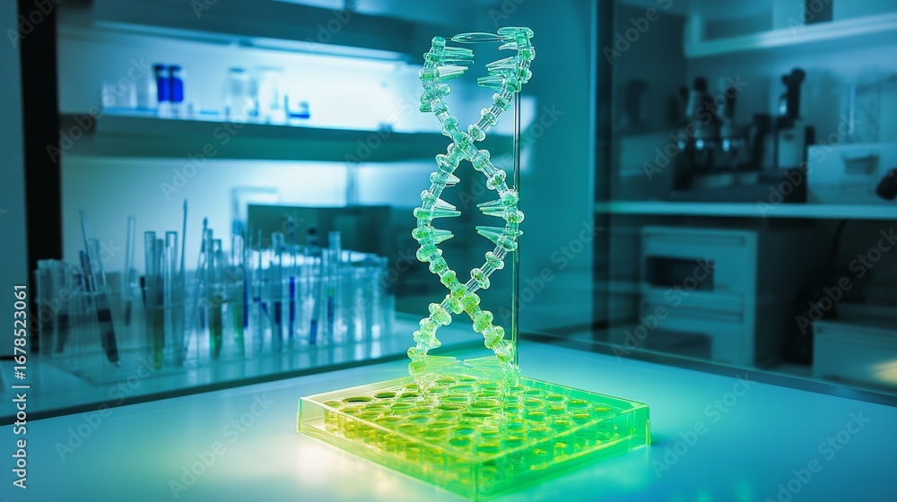 Poster exhibit scientific dna model display laboratory 3d visualization modern environment close-up view ge