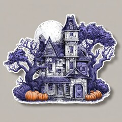 A sticker of purple haunted house surrounded by trees and pumpkins, in a cartoon style