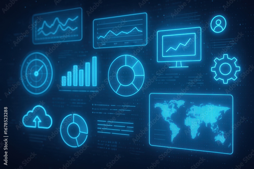 Poster digital interface infographic: a captivating digital interface, comprised of various glowing element