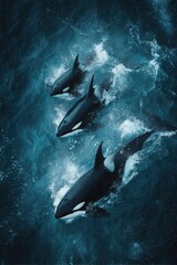 Obraz premium Three orcas, powerful, moving through dark ocean water
