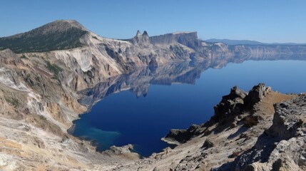 Naklejka premium Crater Lake National Park in Oregon showcases a deep blue volcanic caldera lake surrounded by rugged terrain and evergre