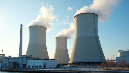Obraz premium Modern nuclear power facility with massive cooling towers releasing gentle steam, industrial structures and pipes, clean realistic setting, blue sky above, showcasing scale, safety