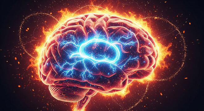 Hyper-realistic close-up of human brain on fire, glowing neural pathways