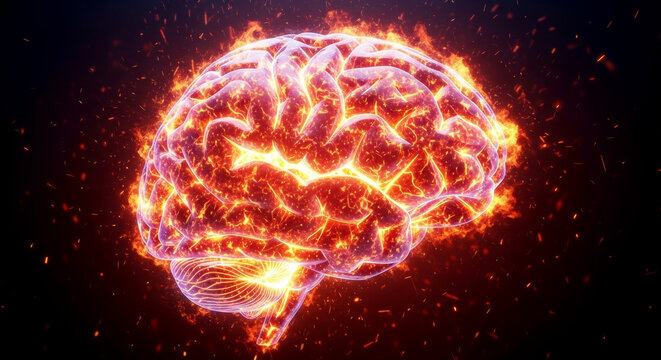 Hyper-realistic close-up of human brain on fire, glowing neural pathways