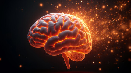 Hyper-realistic close-up of human brain on fire, glowing neural pathways