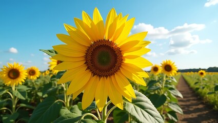Obraz premium Large yellow sunflower in full bloom with textured center, surrounded by leaves, sunny blue sky with clouds, outdoor field, warm sunlight creating gentle shadows, sharp details, vibrant natural colors
