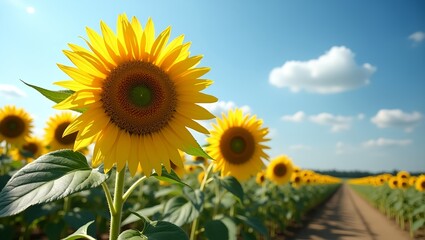 Fototapeta premium Bright sunflower with dark brown center and soft petals in lush green foliage, field setting with soil and grass texture, clear blue sky, warm sunlight, sharp vivid colors