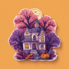A sticker of purple haunted house surrounded by trees and pumpkins, in a cartoon style