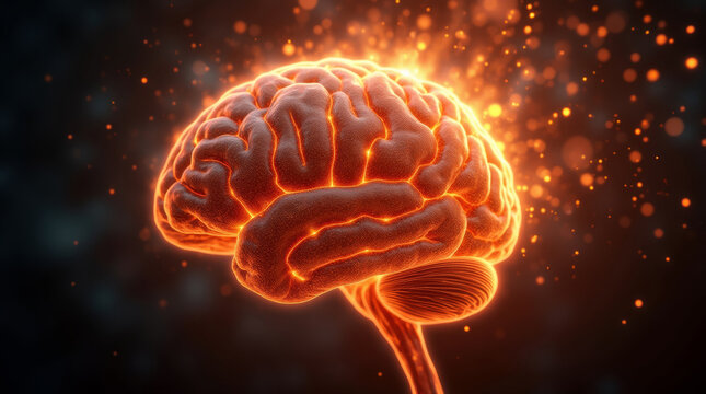 Hyper-realistic close-up of human brain on fire, glowing neural pathways