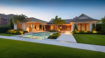 Modern residential property at twilight with flat and pitched roofs, large windows, a central swimming pool,
