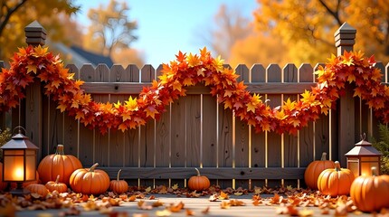 Autumn-inspired rustic scene with intricately hanging orange, red, and yellow garlands, plump pumpkins, crunching leaves, bronze lanterns, and a wooden fence under bright clear sky
