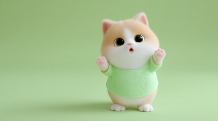 Obraz premium Cute cartoon cat character in a green sweater on a light green background expressing surprise