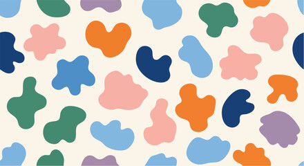 Abstract seamless pattern featuring various organic shapes in pastel colors on a light beige background.