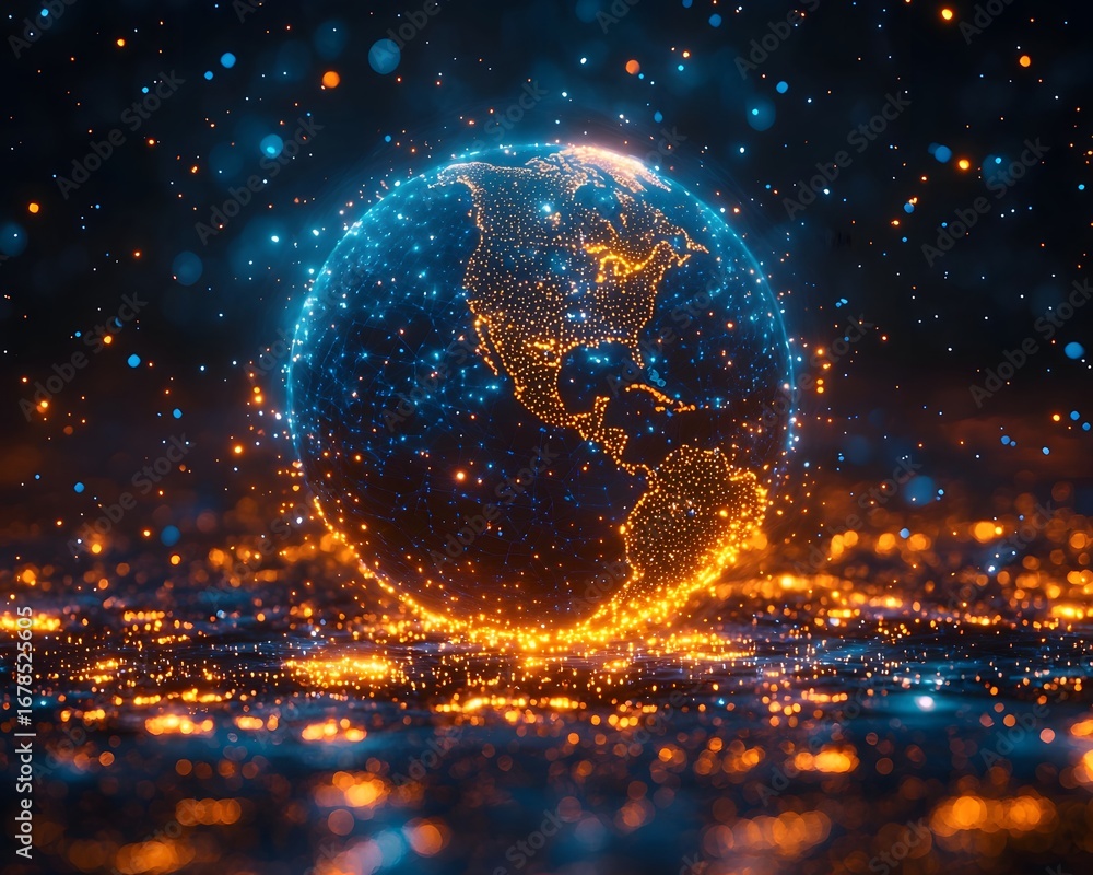 Poster abstract digital globe depicting a vibrant glowing global network with interconnected data points an