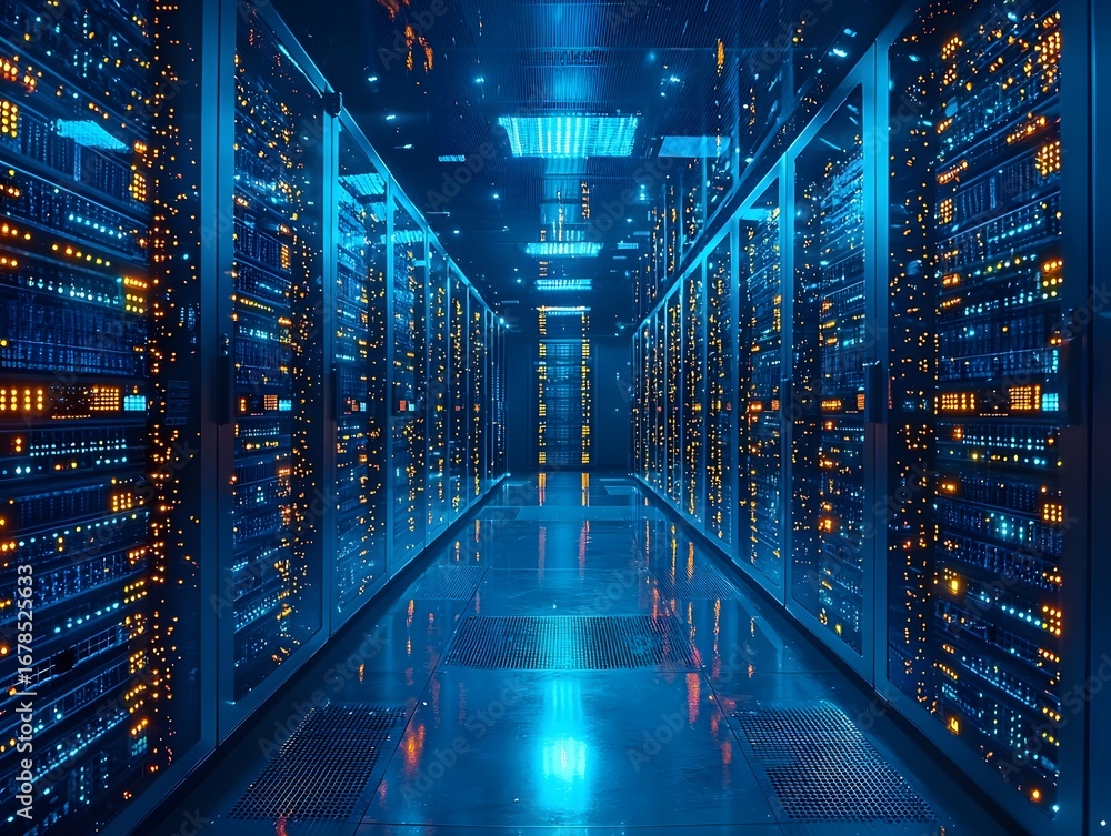 Poster modern data center aisle with glowing server racks illustrating advanced technology big data process