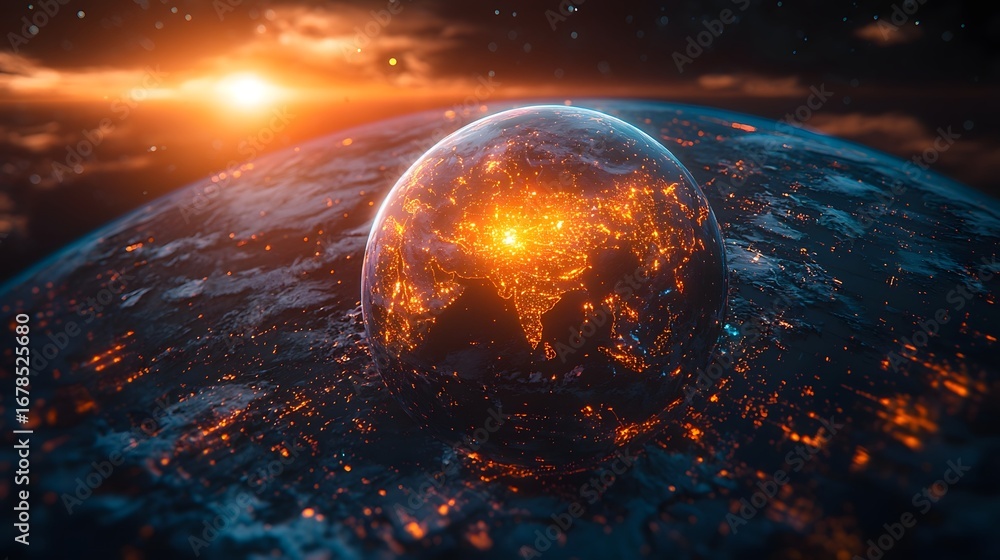 Poster dynamic digital network illuminating a futuristic earth symbolizing global connectivity and technolo