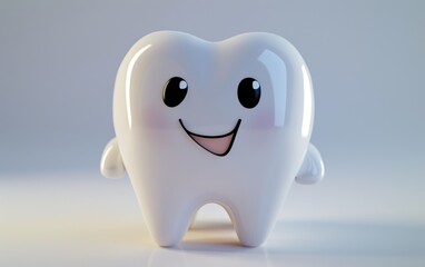 Cheerful 3D cartoon tooth character with a bright smile exhibits excellent dental hygiene.