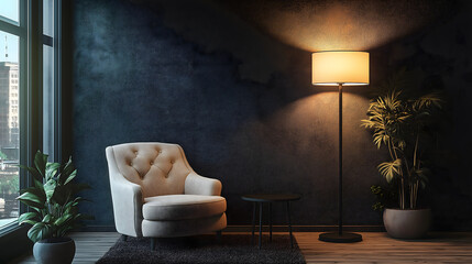Cozy living room interior with soft armchair floor lamp and decorative plants against dark wall with copy space