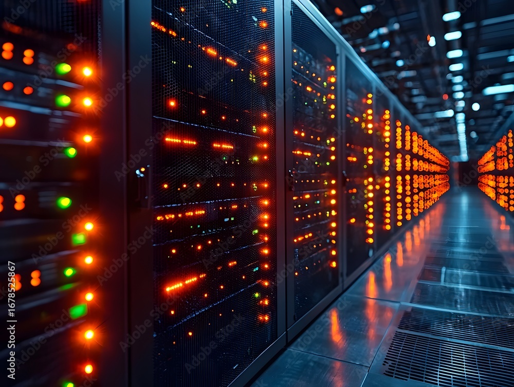 Aufkleber rows of modern server racks with glowing indicator lights in a high tech data center illustrating gl