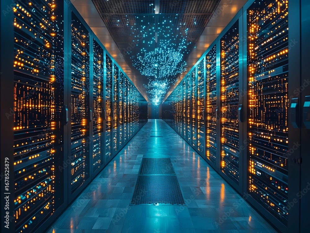 Poster futuristic data center hallway lined with glowing server racks and abstract blue light patterns on t