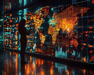 A professional silhouette interacts with a large glowing digital display showing global data visualizations and a world map in a futuristic business