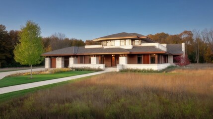 A modern style residence nestled in an open natural setting, surrounded by trees and grass.