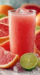 Ruby-red grapefruit juice in glass, surrounded by citrus fruits and ice