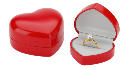 Red Heart Shaped Engagement Ring Jewelry Box Open and Closed Isolated on White Background