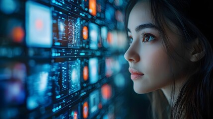 Young woman observes a vibrant digital interface displaying complex data and futuristic networks symbolizing global technological connection and