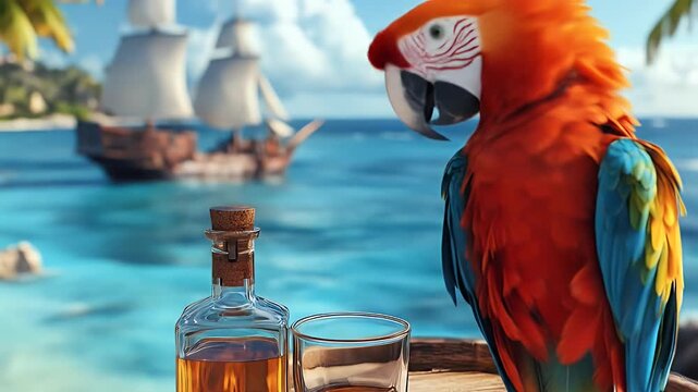Colorful macaw perched on a tropical wooden barrel with rum drinks and a ship in the background vibrant colors and bright lighting