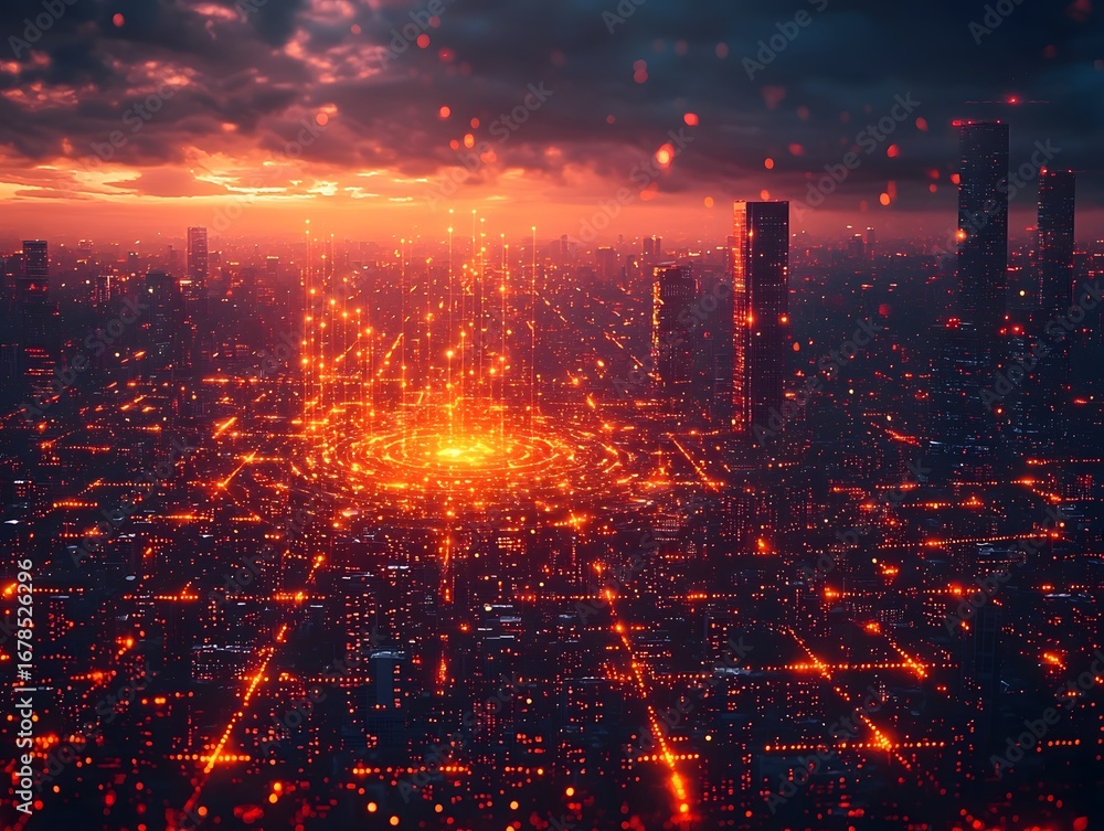 Poster an aerial view of a futuristic city illuminated by a vibrant glowing digital network symbolizing rap