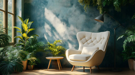 Stylish living room with gray graphite textured wall armchair and green plants with copy space